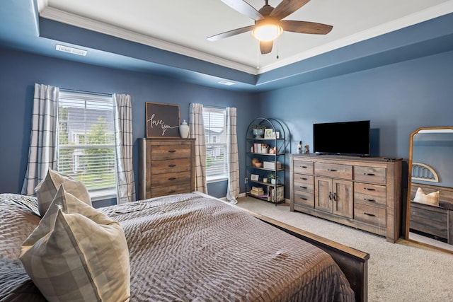 423 Sanctuary Park Dr, Summerville, SC 29486 - carpeted bedroom with crown molding, a raised ceiling, and ceiling fan