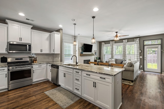 423 Sanctuary Park Dr, Summerville, SC 29486 - kitchen with stainless steel appliances, a peninsula, white cabinetry, a ceiling fan, and healthy amount of natural light