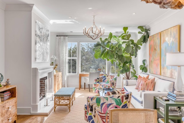 interior space featuring a notable chandelier, light hardwood / wood-style floors, and ornamental molding