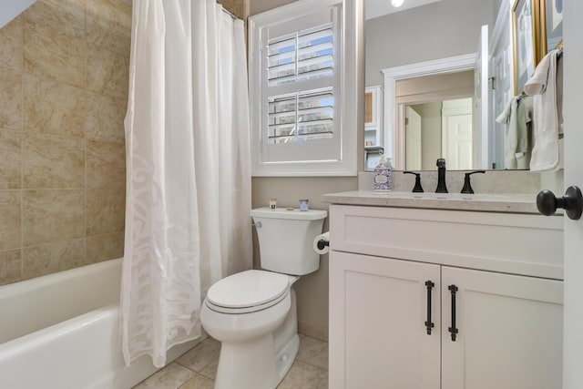 full bathroom featuring shower / tub combo, vanity, tile patterned floors, and toilet