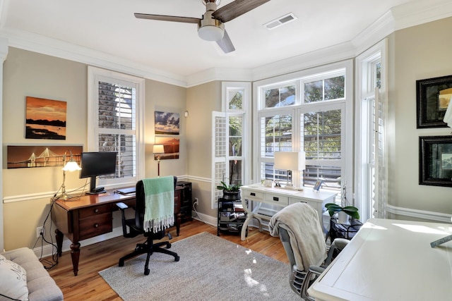 office featuring ceiling fan, ornamental molding, a healthy amount of sunlight, and light wood-type flooring