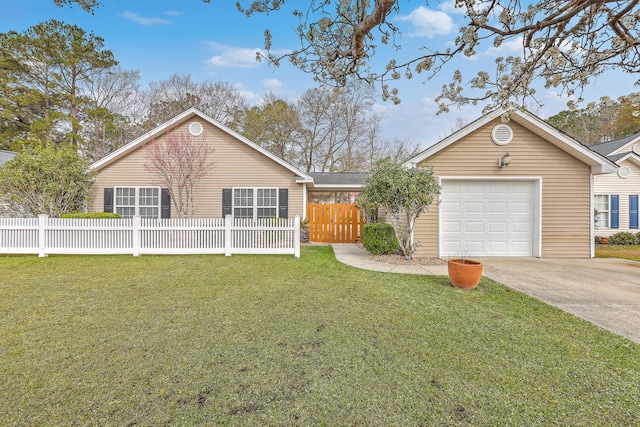 ranch-style home featuring an attached garage, concrete driveway, a front yard, and fence