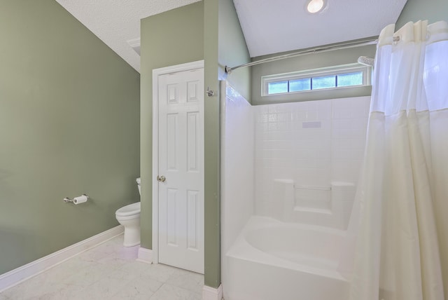 full bathroom featuring baseboards, shower / tub combo, a textured ceiling, toilet, and marble finish floor