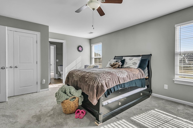 219 Daybreak Blvd, Summerville, SC 29486 - carpeted bedroom with visible vents, ceiling fan, connected bathroom, and baseboards