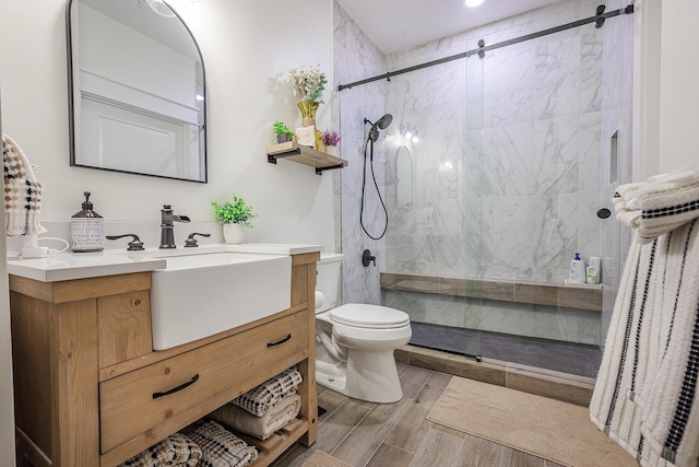 bathroom featuring toilet, vanity, and a shower with shower door