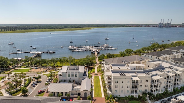 drone / aerial view featuring a water view