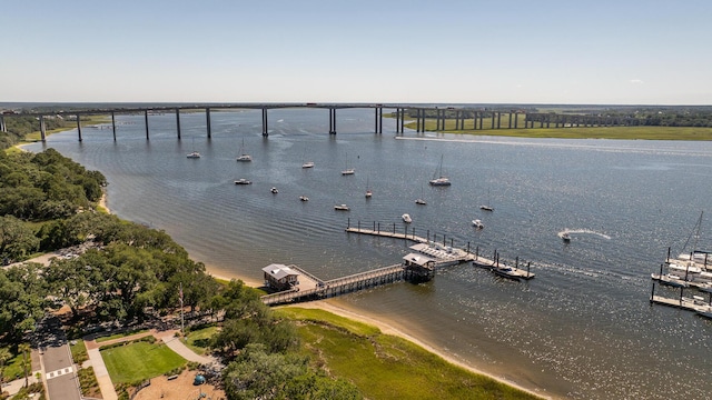 drone / aerial view featuring a water view