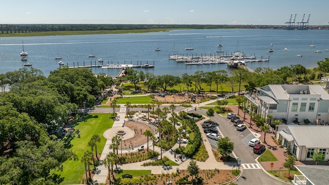 aerial view featuring a water view