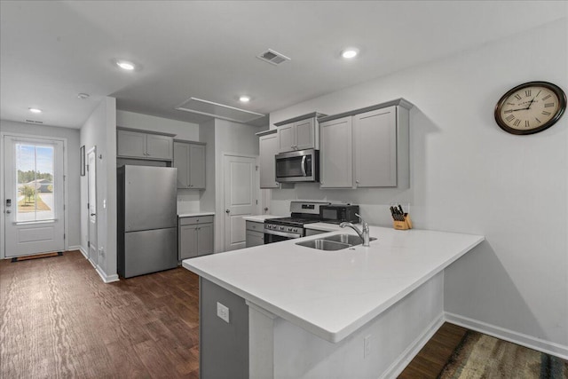 kitchen with sink, gray cabinets, kitchen peninsula, and appliances with stainless steel finishes