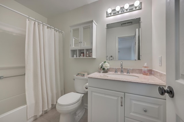 full bathroom with vanity, toilet, tile patterned flooring, and shower / bath combo with shower curtain