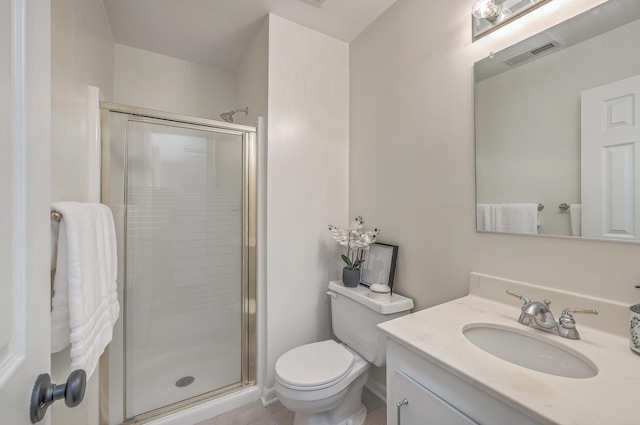 bathroom with walk in shower, vanity, and toilet