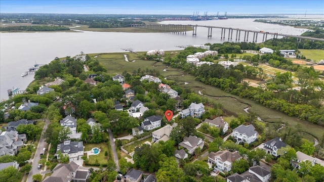 drone / aerial view featuring a water view