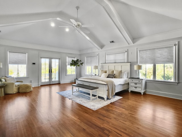 bedroom with access to exterior, french doors, dark hardwood / wood-style flooring, ceiling fan, and beam ceiling