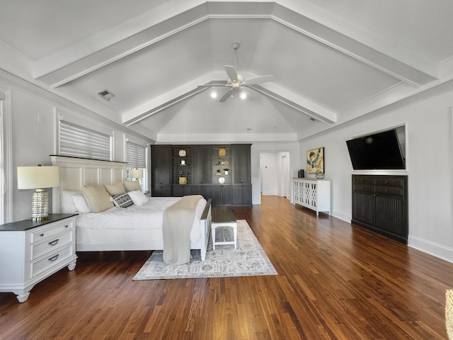 unfurnished bedroom featuring vaulted ceiling with beams, ceiling fan, and dark wood-type flooring