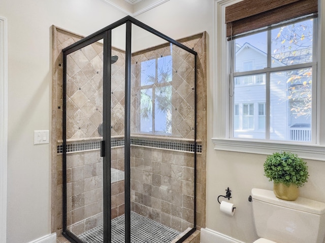 bathroom with toilet, an enclosed shower, and a wealth of natural light