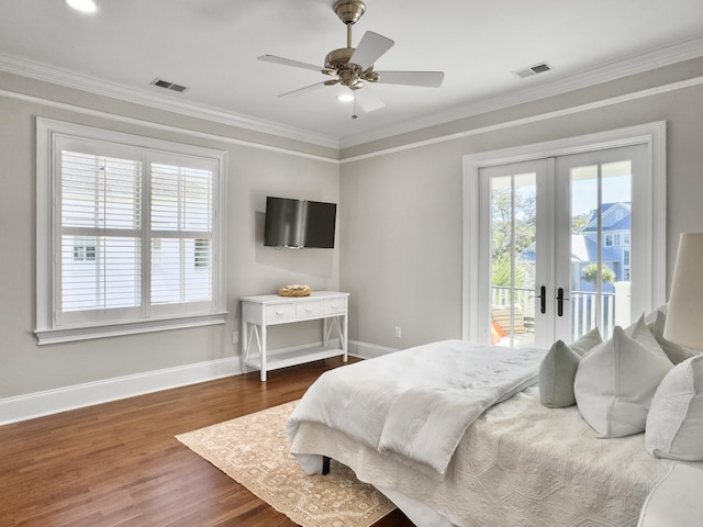 bedroom with ceiling fan, french doors, dark wood-type flooring, access to outside, and ornamental molding