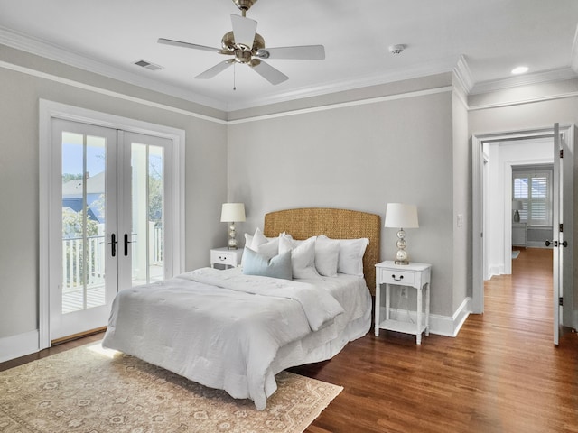 bedroom featuring access to exterior, french doors, dark hardwood / wood-style flooring, ceiling fan, and crown molding