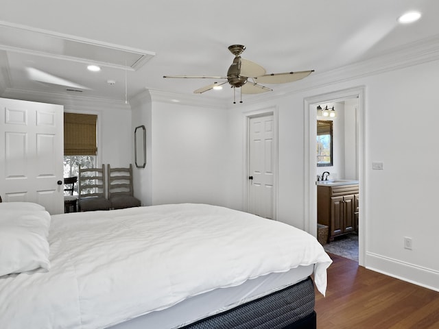 bedroom featuring multiple windows, dark hardwood / wood-style floors, ceiling fan, and crown molding