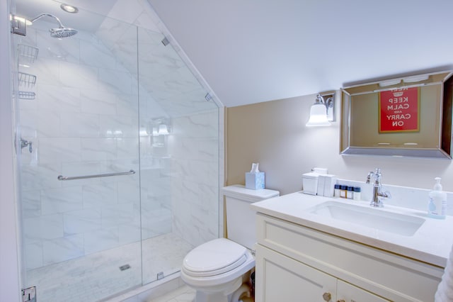 bathroom with walk in shower, vanity, and toilet