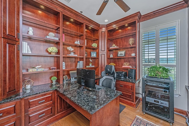 125 Pier View St Unit 408, Charleston, SC 29492 - office space with built in desk, a ceiling fan, crown molding, light wood-type flooring, and built in features