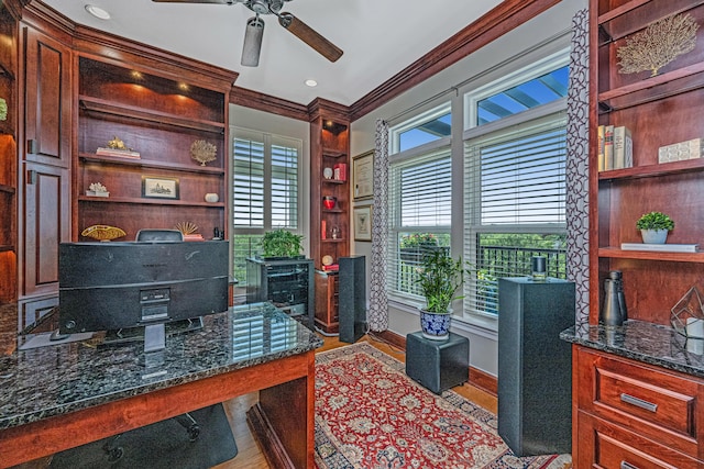 125 Pier View St Unit 408, Charleston, SC 29492 - home office with crown molding, ceiling fan, and wood finished floors