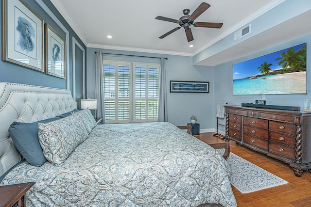 125 Pier View St Unit 408, Charleston, SC 29492 - bedroom with wood finished floors, ornamental molding, recessed lighting, and ceiling fan