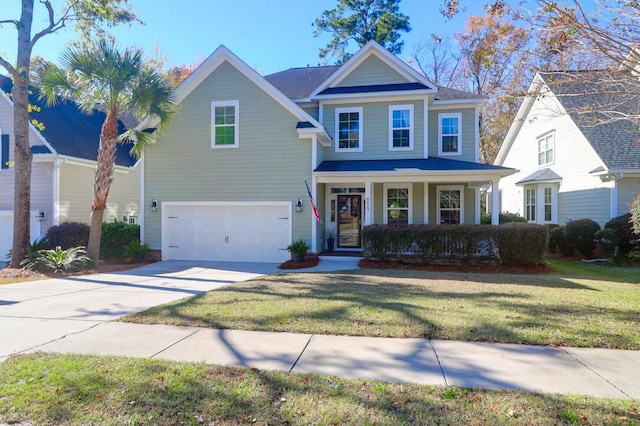 view of front of house with a porch, a garage, and a front yard