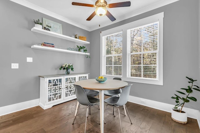 dining space featuring ceiling fan, ornamental molding, and dark hardwood / wood-style flooring