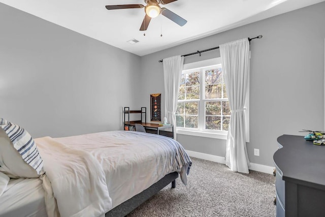 bedroom with ceiling fan and carpet flooring