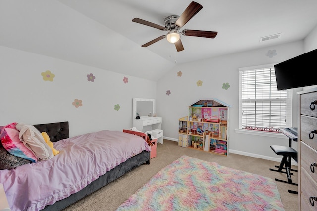 bedroom with carpet, lofted ceiling, visible vents, a ceiling fan, and baseboards