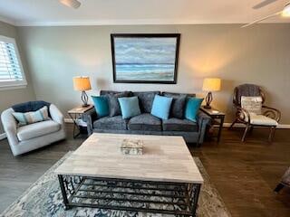 living room featuring dark wood-type flooring and ceiling fan