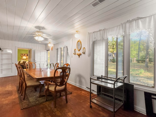 dining space featuring dark wood-type flooring, wooden ceiling, and ceiling fan