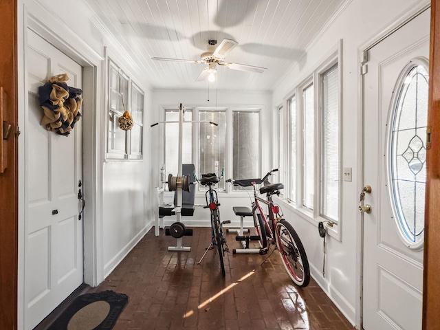 1104 2nd Ave, Kingstree, SC 29556 - workout area featuring brick flooring, ceiling fan, baseboards, and ornamental molding