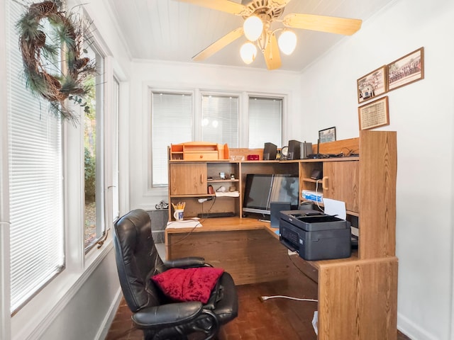 office with ceiling fan, a healthy amount of sunlight, and ornamental molding