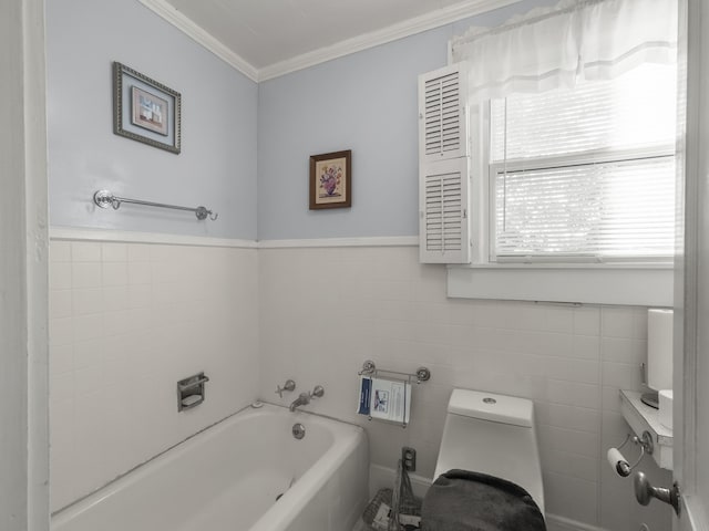 1104 2nd Ave, Kingstree, SC 29556 - full bath featuring toilet, a bath, ornamental molding, and tile walls