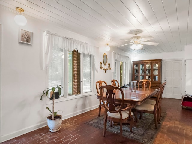 dining room featuring wood ceiling and ceiling fan