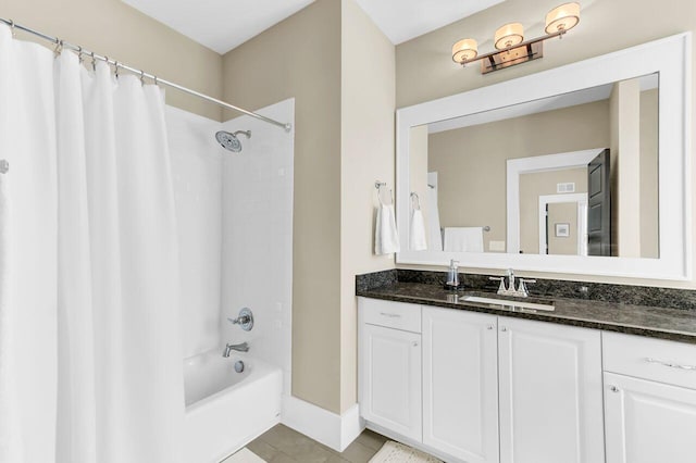 full bathroom with shower / bath combination with curtain, tile patterned flooring, vanity, and visible vents