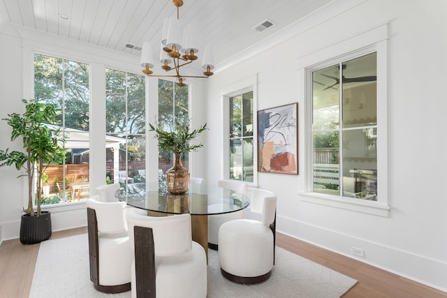 sunroom / solarium with a healthy amount of sunlight, wooden ceiling, and a chandelier