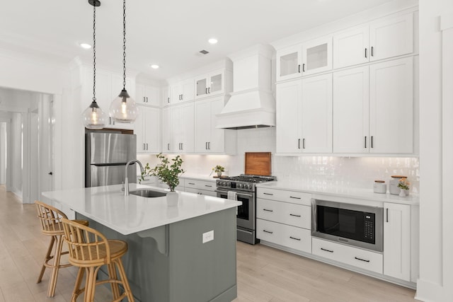 kitchen featuring a sink, appliances with stainless steel finishes, custom exhaust hood, and decorative backsplash