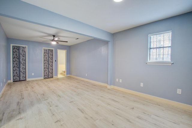 unfurnished room with ceiling fan and light hardwood / wood-style flooring