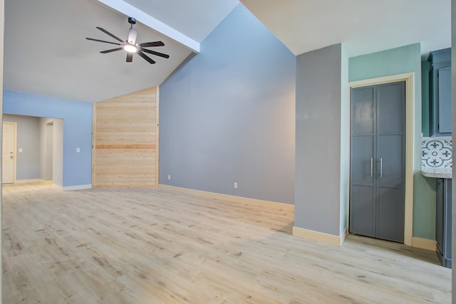 unfurnished living room featuring light hardwood / wood-style flooring, ceiling fan, and vaulted ceiling