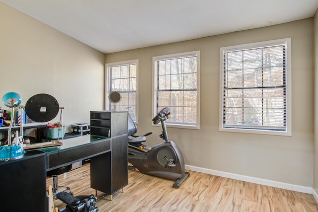 home office with hardwood / wood-style flooring