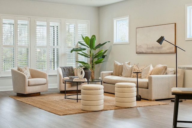 living area with baseboards and wood finished floors