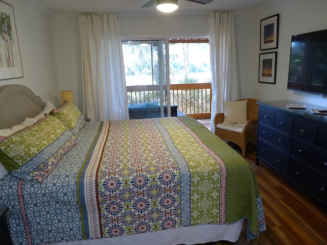 bedroom featuring ceiling fan, dark wood-type flooring, crown molding, and access to outside