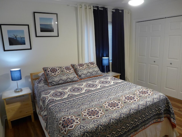 bedroom featuring a closet and dark wood-type flooring