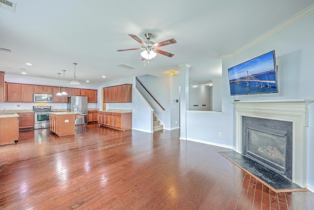 531 Crossland Dr, Moncks Corner, SC 29461 - unfurnished living room with dark wood-style floors, ceiling fan, baseboards, recessed lighting, and stairway