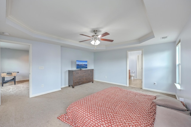 531 Crossland Dr, Moncks Corner, SC 29461 - bedroom with a raised ceiling, light colored carpet, ornamental molding, baseboards, and ceiling fan