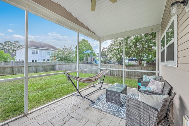 531 Crossland Dr, Moncks Corner, SC 29461 - sunroom / solarium with lofted ceiling, outdoor lounge area, and ceiling fan
