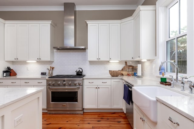 kitchen featuring wall chimney exhaust hood, sink, stainless steel appliances, light stone countertops, and white cabinets