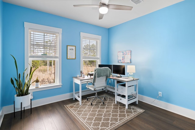 office area featuring visible vents, wood finished floors, a ceiling fan, and baseboards